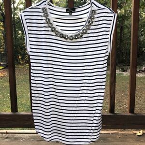 White and navy striped beaded sleeveless shirt